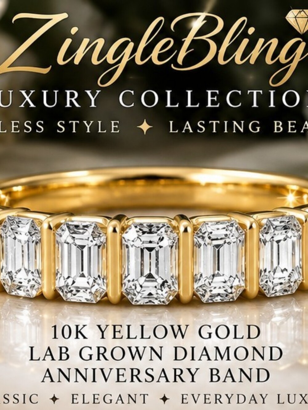 Brilliance 10K Yellow Gold 1CTW Lab Grown Emerald Cut Diamond Band Ring Sz 7